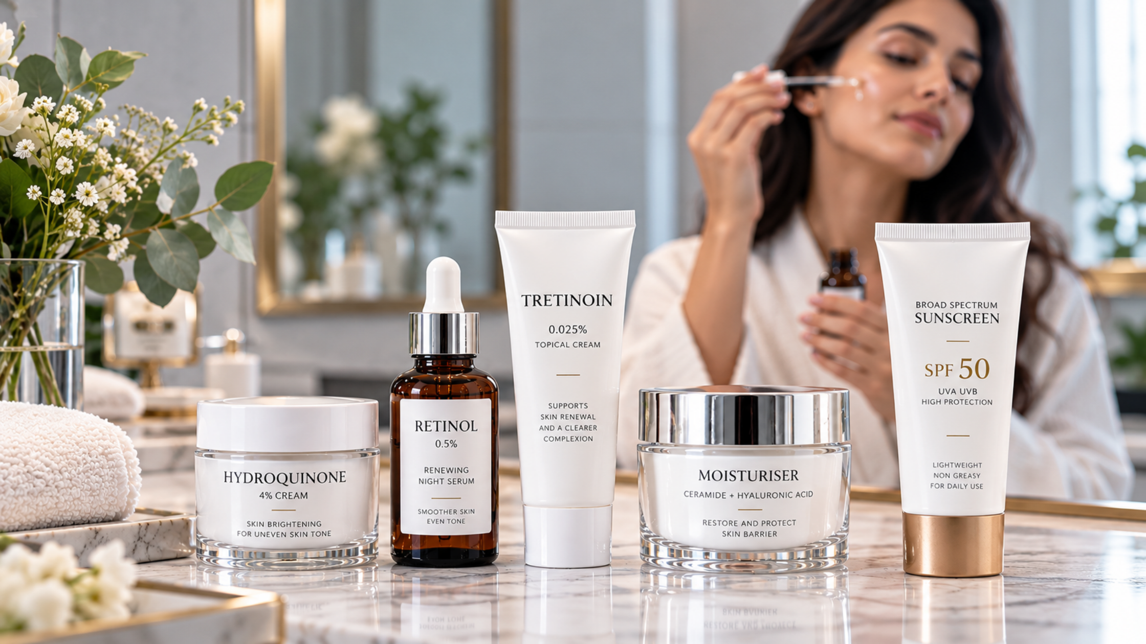 Skincare products with hydroquinone, retinol and tretinoin beside sunscreen and moisturiser, illustrating safer active skincare use for pigmentation and sensitive skin and uneven skin tones.