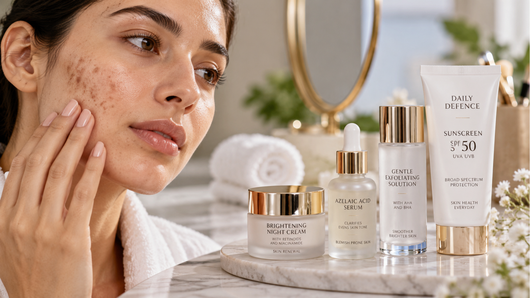 Close-up facial skin showing post-inflammatory hyperpigmentation dark marks after acne, with sunscreen and skincare products beside it to illustrate PIH care and pigmentation treatment tips.